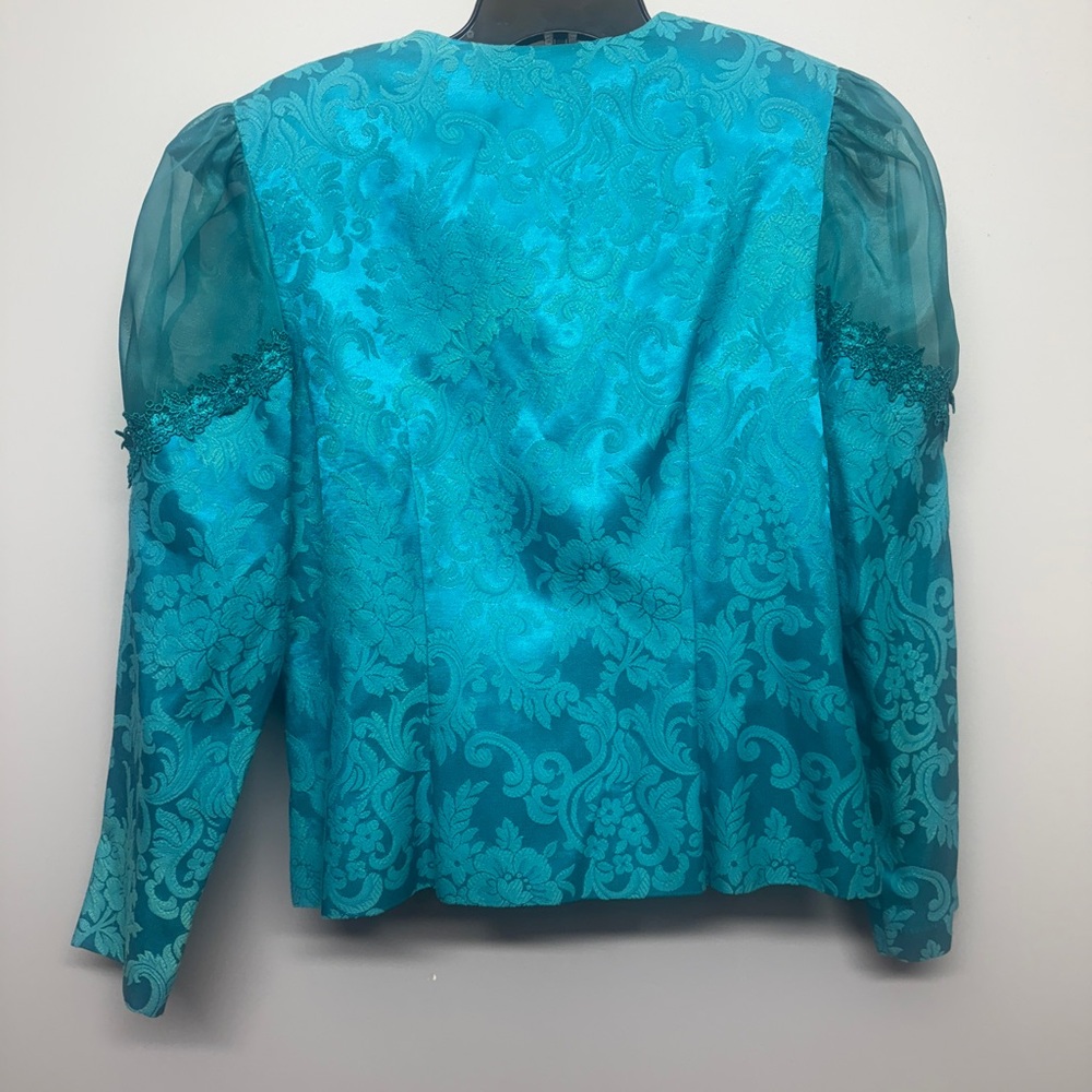 Vintage Lori Weidner Petites Vintage Teal Jacquard ButtonUp Blazer Jacket SIZE10 - Picture 6 of 6